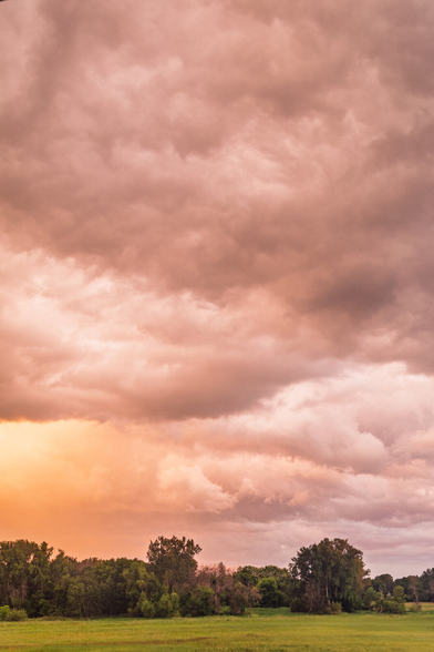 A dramatic sky filled with thick, textured storm clouds illuminated by a warm orange sunset, with a field of green grass and a line of trees at the horizon