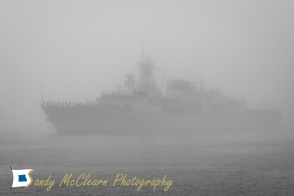 Warship in the fog. 