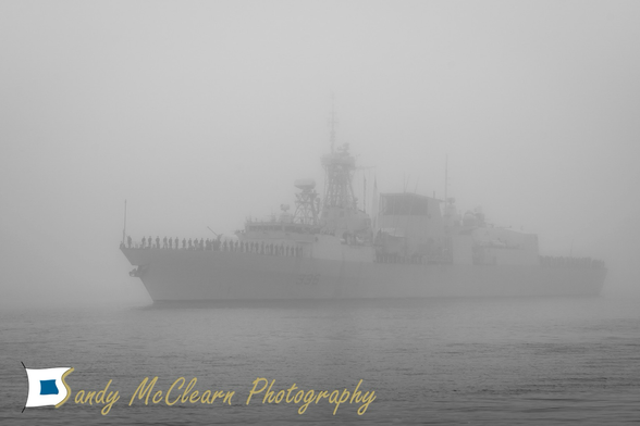 Warship in the fog. 