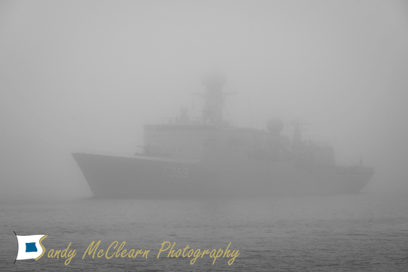 Warship in the fog. 