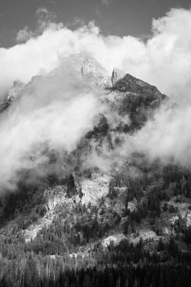 Nez Perce Peak, shrouded in clouds and fog.