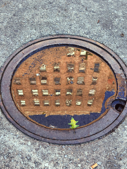 A building reflected in a puddle on man hole cover