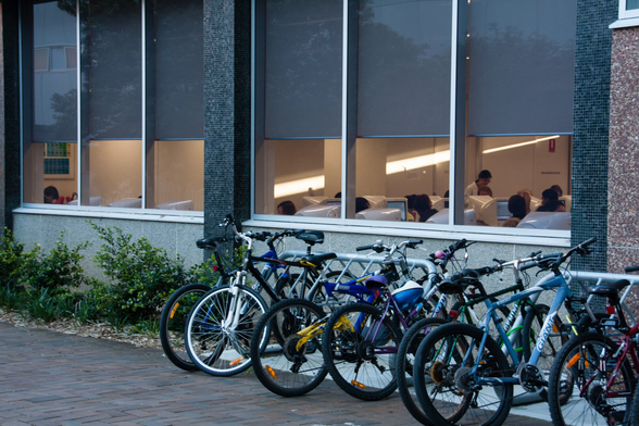 The heads of students, in front of what are now old-fashioned looking computer monitors, can be seen through the windows of this university building. In the foreground, in front of some plants, a number of bicycles are parked side by side in two bicycle stands.