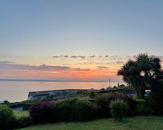 A photograph looking across a garden with a line of bushes in the foreground in deep shade. There is a small fishing harbour a few hundred metres further out. A few small inshore fishing boats can be seen moored in the harbour and a camper van is parked overlooking the harbour next to a small cluster of buildings to the right. 

The sun is about to rise in the distance across a calm stretch of sea reflecting an orange sky with a band of scattered clouds. The view of the sea is deceptive as the visible distant  coastline that the sun is about to rise behind is about 20km away. 
Above the cloud line the sky fades from light yellow to pale blue towards the top of the picture. 