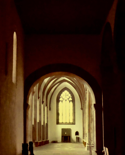 Seitenschiff in der Klosterkirche zu Amelungsborn. Wir schauen aus dem spät-romanischen Teil in den frühgotischen Teil des Sakralbaus aus dem 12. Jahrhundert.