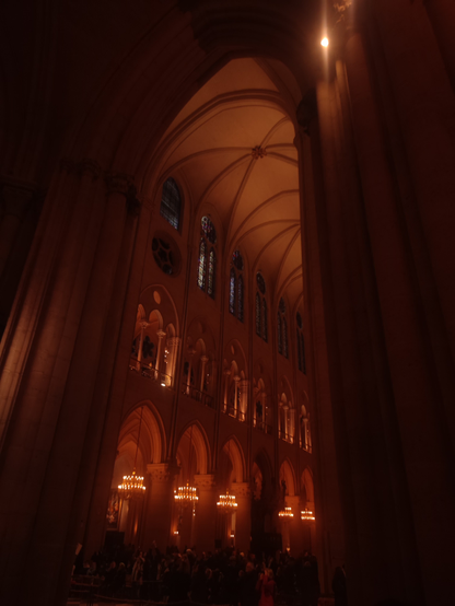 Vue sur le vaisseau central de la cathédrale plongée dans l'obscurité mais éclairée de spots orangés