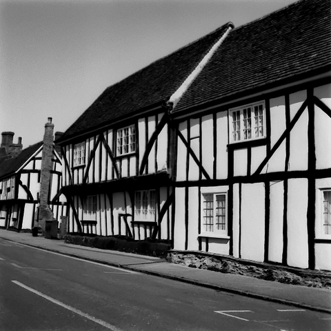 Some of the late medieval half-timbered houses on Elstow High Street.