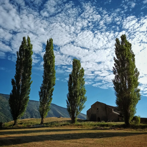 four poplars and a chapel, some nice clouds...