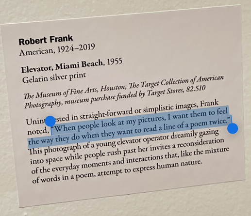 Photo of an art gallery caption with the following text hightlighted: “When people look at my pictures, I want them to feel the way they do when they want to read a line of a poem twice.”