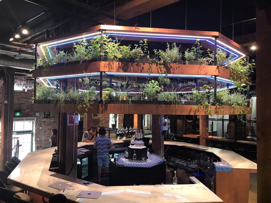 Das Bild zeigt ein modernes Bar- oder Restaurant-Interieur mit einem auffälligen, hexagonalen, zweistöckigen Plantenregal, das mit verschiedenen Pflanzen bepflanzt ist. Das Regal ist mit einem leuchtenden blauen LED-Rahmen umgeben, der es hervorhebt. Im unteren Bereich befindet sich ein barähnlicher Bereich mit einem glänzenden, weißen Tresen, auf dem Gläser und Flaschen sorgfältig angeordnet sind. Ein Barkeeper in einem blau-weiß gemusterten Hemd steht hinter dem Tresen und scheint mit einem Kunde zu interagieren. Im Hintergrund sind weitere Gäste und ein Teil des Raumes mit einer Backsteinwand zu sehen. Die Atmosphäre wirkt gemütlich und einladend, mit einer Mischung aus industriellen und natürlichen Elementen.

Bereitgestellt von @altbot, privat und lokal generiert mit Ovis2-8B

🌱 Energieverbrauch: 0.217 Wh