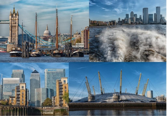 Collage of four images of London. City scapes and water front.