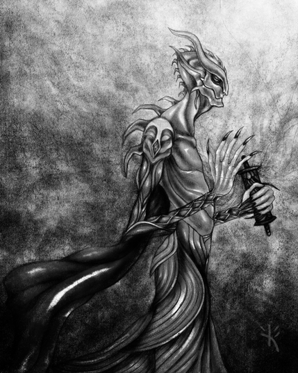 black and white mixed media drawing of a celestial alchemist alien by Kmac.