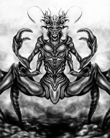 Black and white mixed media drawing of an alien crustacean-like monster by Kmac.