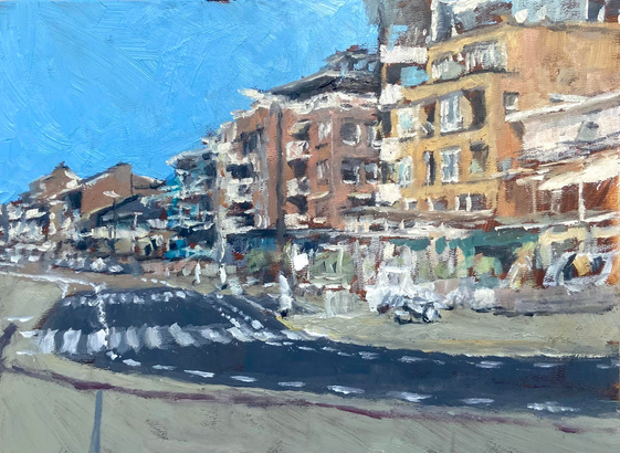 Allaprima pleinair Oilpainting showing a boulevard with a street and a bunch of houses in different colors. It’s sunny and the strokes are very rough and impressionistic. And the right side is much more rushed than the left side, but the artist is still content with a 3 hours session.

Oil on panel 18x24 cm 