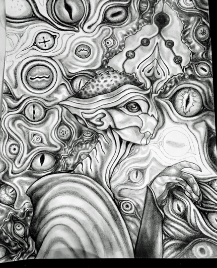 Black and white drawing of an alien surrounded by a wall of eyes with a large creature emerging forth.