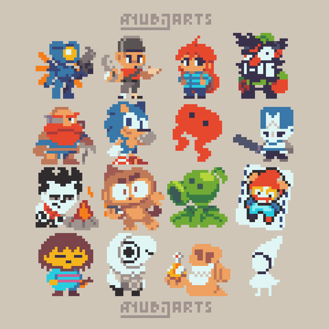 A Pixel Fanart of 16 different game characters.
From left to right, top to bottom:
V1 from Ultrakill, Scout from Team Fortress 2, Madeline from Celeste, Anton from Antonblast, Scout from Deep Rock Galactic, Sonic from... well, Sonic, Piku from Pikuniku, Blue Knight from Castle Crashers, Wilson from Don't Starve (Together), Dart Monkey from Bloons TD6, Peashooter from Plants vs Zombies, Joker Card/Jimbo from Balatro, Frisk from Undertale, Main character of Toem, a Worm from Worms, and Ida from Monument Valley.

now you know a bit more about indie games.