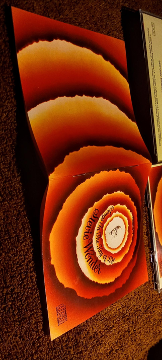 The composition shows a collection of CDs and their packaging. The CDs are from the album "Songs in the Key of Life - Vol. 1 & 2" by Stevie Wonder. The packaging includes a box with a yellow label that lists the track titles, such as "Another Star," "Isn't she lovely," and "I Am Singing." The CDs themselves have a vibrant, concentric circle design in shades of orange and red, with the artist's name, "Stevie Wonder," prominently displayed in a stylized font. The CDs are placed on a brown carpet, with one CD case open, revealing the disc inside. The overall setting suggests a casual, personal collection.

 Ovis2-8B