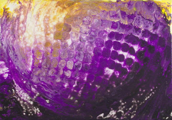 A painting in the colors of a non-binary flag. A huge wave, the water depicted in purple,  roars in the shape of a half circle covering the painting side to side, the middle section is filled with rounded cubes behind a white background, chosen as an abstract style. On the bottom of the painting, the purple transitions into black with a few speckles of white, on the top the horizon is yellow with a bit of sunlight shining through the the left tip of the wave which is splashing outside of the canvas