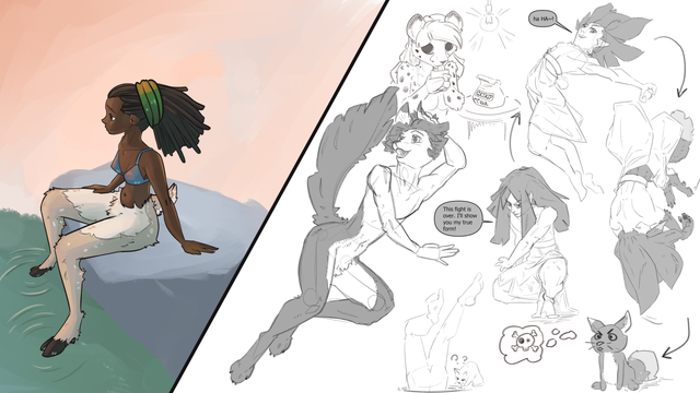 A big digital sketch page, with a painted black satyr woman in a full environment on the left, and some various anthro and human characters on the right.