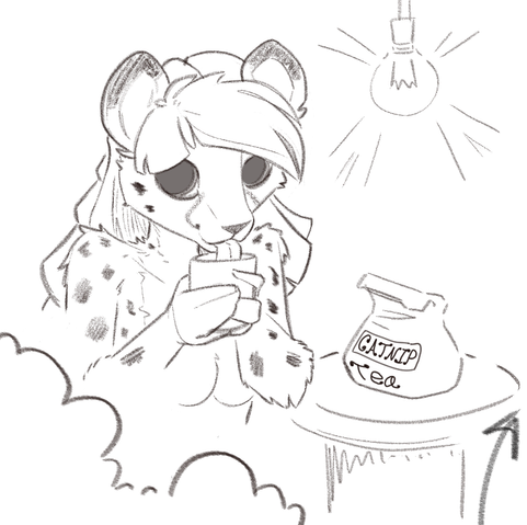 A cute little cheetah fluff with long hair drinking catnip tea, and it's very cute. The tea leafs are sitting next to her on a table.