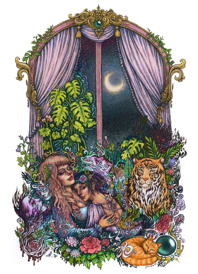A detailed surrealistic drawing of two women cuddling in bed falling asleep