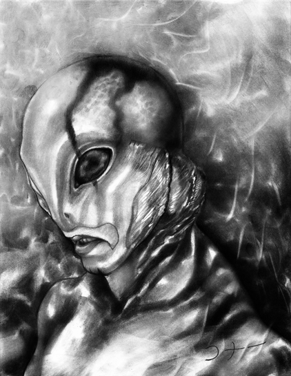 A black and white pencil fanart drawing  of Mike Mignola’s character, Abe Sapian, from the Guillermo Del Toro directed Hellboy franchise., by Kmac.