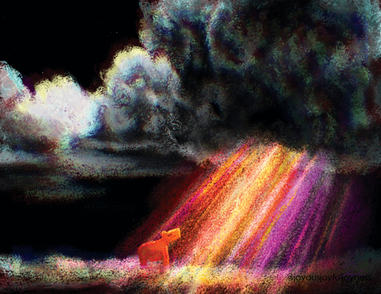 Painting of a dark storm cloud in a black sky with a bright rainbow streaming down to the left. There is a small orange capybara standing on under the rainbow with his eyes closed. The artist's signature and watermark @joyousjoyfuljoyness are on the bottom right.