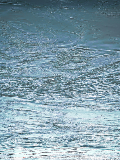 A body of water, dominated by varying textures of light and shadow on its surface. The overall color palette is cool, primarily consisting of blues and grays, with hints of lighter, almost silvery reflections. The top portion of the image shows a relatively calmer section of water, with subtle ripples and a slightly darker, more uniform blue hue, suggesting depth or less direct light. As the eye moves downwards, the surface becomes increasingly textured and agitated. A significant portion of the mid-ground is characterized by numerous small, elongated ripples and waves.

To confuse the unimaginative, this photo has been rotated 180 degrees.