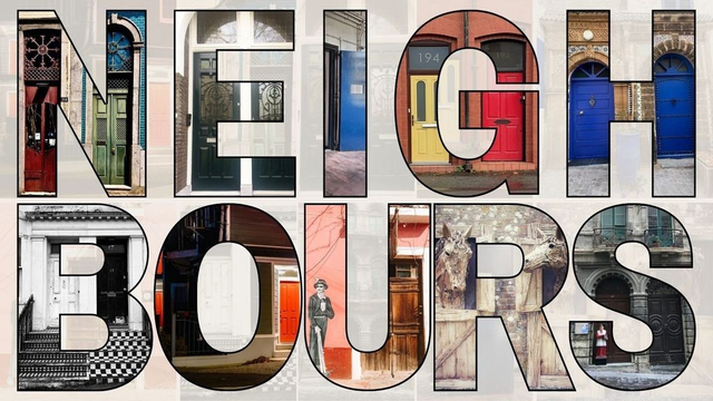 The word "NEIGHBOURS" is spelled out in large, cut-out letters, with each letter filled with a unique image of a door or entryway.