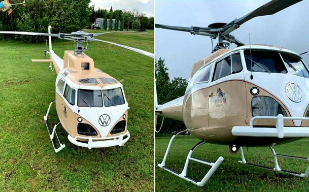 The photos show a unique helicopter designed to resemble a classic Volkswagen Type 2 (VW T1) Microbus, often referred to as a "Microbus Helicopter" or "VW Bus Helicopter". 