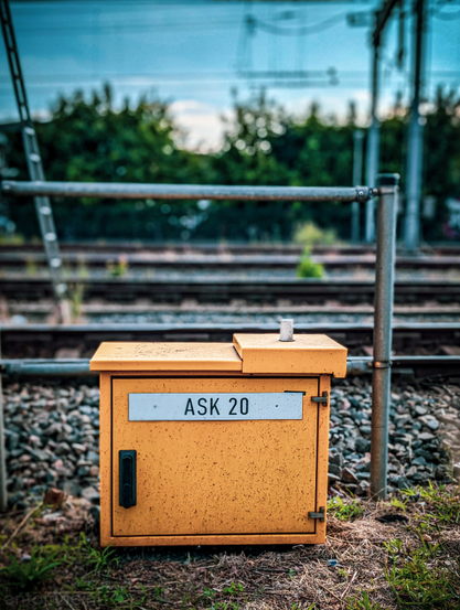 A bright yellow electrical box, standing on the ground next to a set of train tracks. The box is somewhat weathered, with dirt and possibly rust giving it a textured appearance. A white label on the front of the box reads "ASK 20" in black lettering.

In the foreground, there's some sparse green grass and dirt. Behind the box, the focus blurs to reveal multiple parallel train tracks made of metal rails on a bed of gravel. Further in the background, a line of green trees is visible under what appears to be a slightly overcast or hazy sky with hints of blue. 