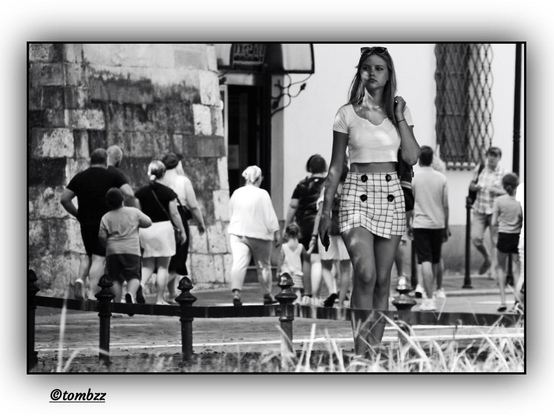 A black-and-white street photograph depicting a young woman walking along the sidewalk. She wears a short white crop top and a plaid skirt with large, visible buttons. One hand holds a phone, and her head is slightly turned to the side, as if she's just noticed something or reacted to a sound or movement.

In the foreground, there's a low metal railing, behind which grow wild grasses that add softness and a touch of nature to the scene. Behind her, a group of people are passing by—some slightly blurred by movement, emphasizing the fleeting nature of the moment. In the background stands the facade of a historic building: massive stone walls, tall windows, and classic architectural details lend the setting a monumental presence.

The entire scene blends the atmosphere of everyday life with a subtly nostalgic, urban poetry.