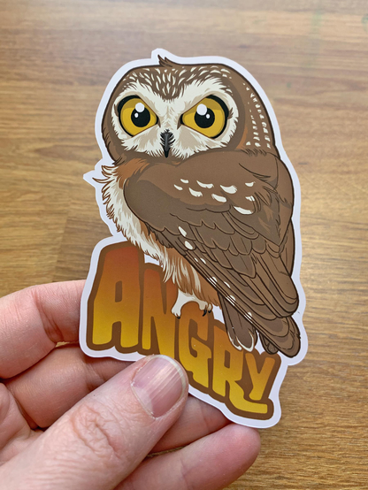 Photo of a hand holding a large sticker of a cute but angry looking owl perched on the word ANGRY
