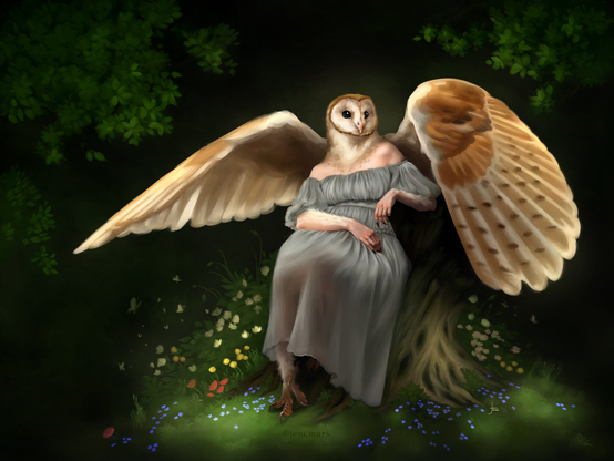 Painting of an owl-headed woman seated on a twisted tree stump throne. She wears a gauzy gray dress and her feet and hands are taloned. Her wings are raised behind her. The background is a dark, eerie forest with soft warm light framing the woman.  