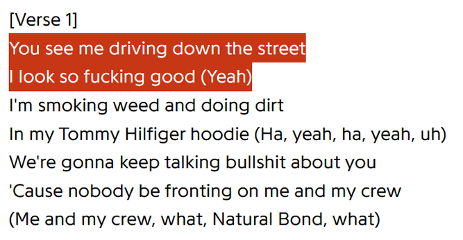 Lyrics from the song "Hiphopper" by Thomas Rusiak. It's the first verse. In the image, the first two lines are highlighted, indicating there is an annotation for this particular lyric on the Genius website:

You see me driving down the street
| look so fucking good (Yeah)
I'm smoking weed and doing dirt
In my Tommy Hilfiger hoodie (Ha, yeah, ha, yeah, uh)
We're gonna keep talking bullshit about you
‘Cause nobody be fronting on me and my crew
(Me and my crew, what, Natural Bond, what)
