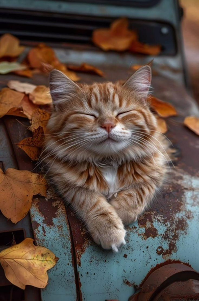 ALT

Una gata de pelaje largo y suave, con tonos de naranja y blanco, descansa en la tapa oxidada de un vehículo. Su expresión es de tranquilidad, con los ojos cerrados y una leve sonrisa. Alrededor de ella, hojas secas de otoño en tonos marrones y naranjas cubren la superficie, creando un contraste con el color azul desgastado del metal. La gata está acurrucada, con las patas cruzadas y una pata descansando sobre la otra, transmitiendo una sensación de calma y serenidad.