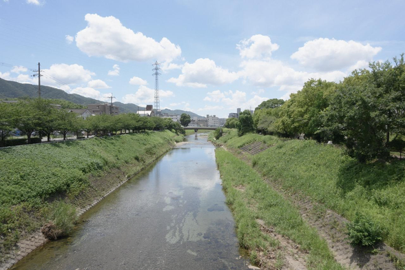 山科川を東出橋から南を望んだ光景。/ 2025.07.21 山科川・東出橋から