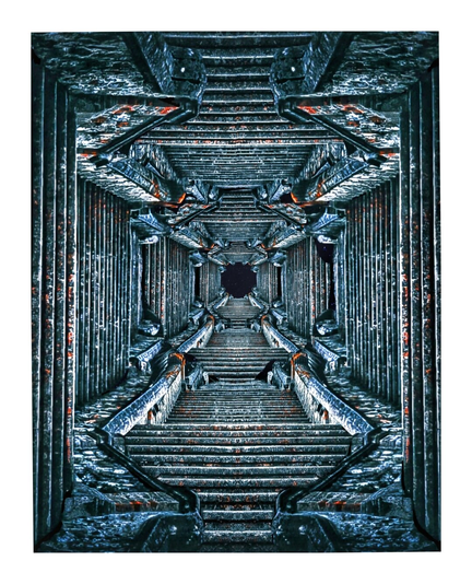 This is a composite photograph/photo manipulation of a staircase which is dimly lit and has a Gothic-esque style to it. The staircase, composed of aged, weathered steps and intricately carved columns, ascends in a symmetrical, pattern top and bottom, left and right. The stairs are mirrored in all directions hoping to create an optical illusion.  The dark, muted colors of the stone contrast with the dark centre filled with stars.