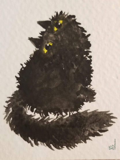 Watercolor of an imp in the form of a black cat peers at you with big yellow eyes. You want to pet it? You will regret it!