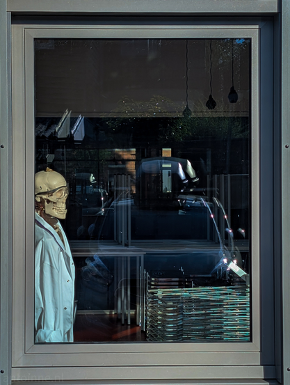 A skeletal display figure standing behind a window, dressed in a white lab coat. The skeleton, positioned on the left side of the frame, is wearing goggles. The window reflects the surroundings, including trees, buildings and cars, creating a sense of depth and interaction between the interior and exterior. The interior of the classroom through the window is somewhat dark, but various objects are discernible, including stacks of tables and chairs.