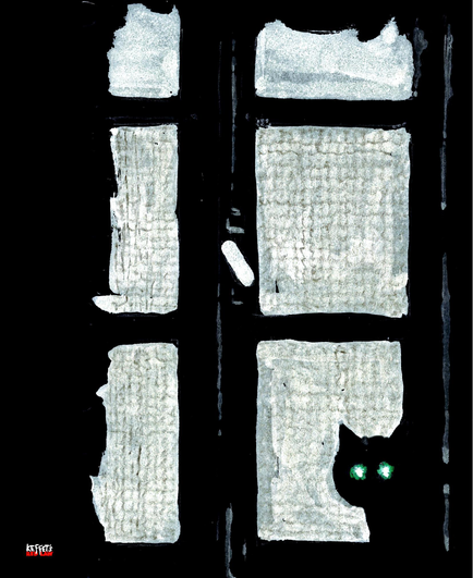 Gemaltes Bild. Ein Doppelfenster mit groben Gardienen von innen betrachtet. Draußen sitzt eine schwarze Katze und lugt rechts unten durchs Fenster, wahrscheinlich will sie rein. Eine Lichtquelle lässt die Augen der Katze funkeln.