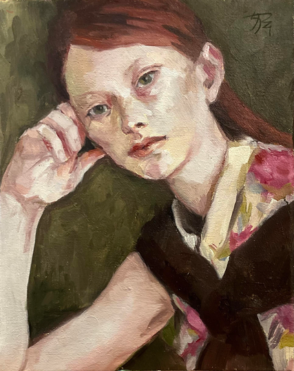 A beautiful young woman, red hair pulled back, leans her head on her hand, and looks directly at the viewer, her face is relaxed, but there is a focused tired intensity to her gaze. She wears a floral shirt with sweater around her neck. Painted realistically but loosely. 