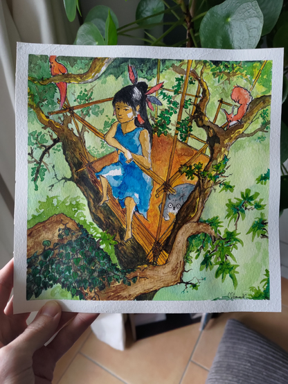 Girl dressed in a simple blue robe, with feathers in the hair, sit in the hut in the wood, animals around (bird, squirrel, cat), all of them looking at us.
