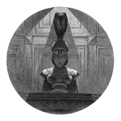 Circular wood engraving depicting a raven viewed from a low angle and in dramatic lighting, perched on the helmet of a statue of Pallas Athena, who is portrayed with her eyes closed.