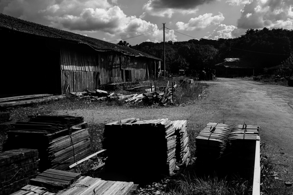 Monochrome high contrast daylight photo.
An old sawmill blowing in the wind