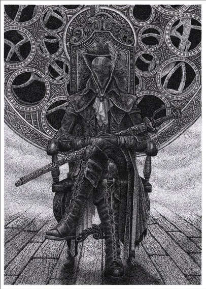 Black and white stippled image of a woman sat with her head bowed in an ornate chair with a sword across her lap, behind her is a large complex clock face.