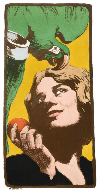 A woman with short bonde hair and a half-smile is gazing up at the green parrot she’s tempting with a fruit she holds in her hand.