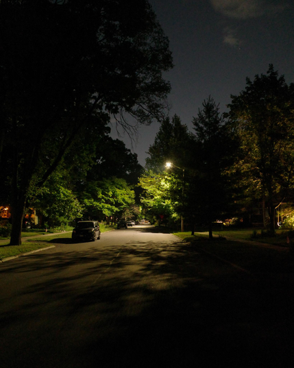 Color photograph looking down a straight residential street at night. Bright streetlights light up patches of trees and pavement, casting dark shadows onto the street in the foreground and leaving the tops of trees above the streetlights dark against a glowing night sky