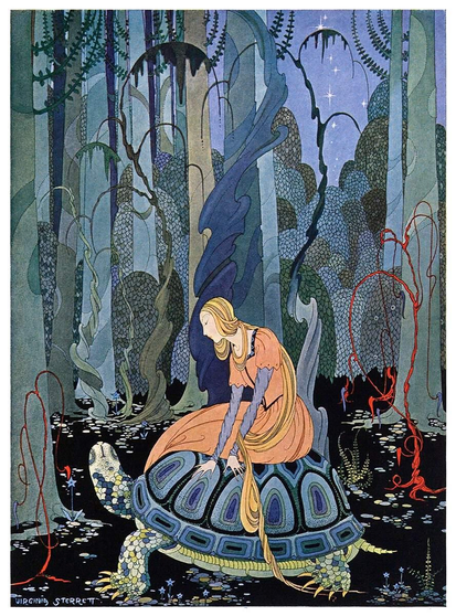 A young woman is traveling through a forest at night on a giant tortoise.