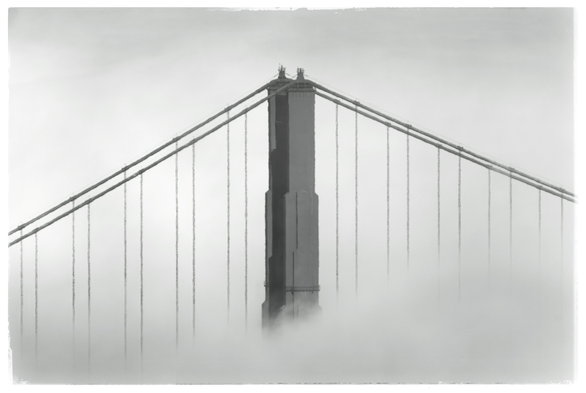 A tower of an otherwise obscure and little-known bridge pokes out from a dense fog. The lower portion of the tower and suspension cables are lost in the fog. The wind was strong, as it usually is on the edge of the fog... And the thermal distortion made the bridge appear pixelated and a little bit wavy. 

Monochrome.